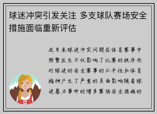 球迷冲突引发关注 多支球队赛场安全措施面临重新评估