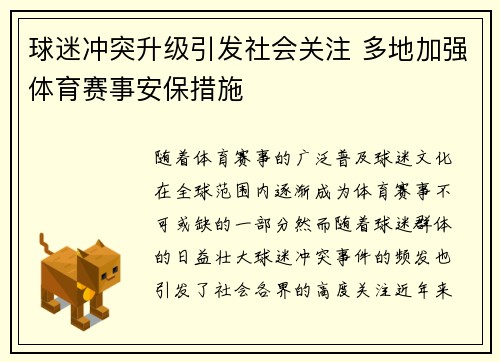 球迷冲突升级引发社会关注 多地加强体育赛事安保措施