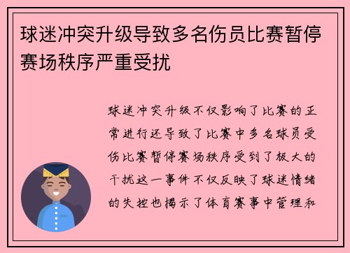 球迷冲突升级导致多名伤员比赛暂停赛场秩序严重受扰